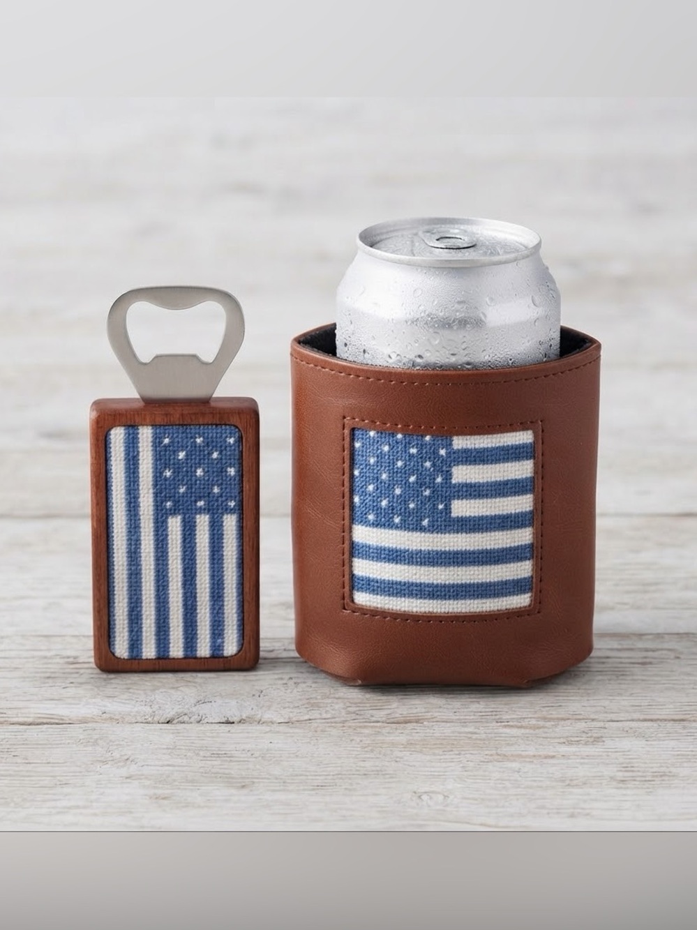NWT Whelky Needlepoint American Flag Koozie & Bottle Opener Set